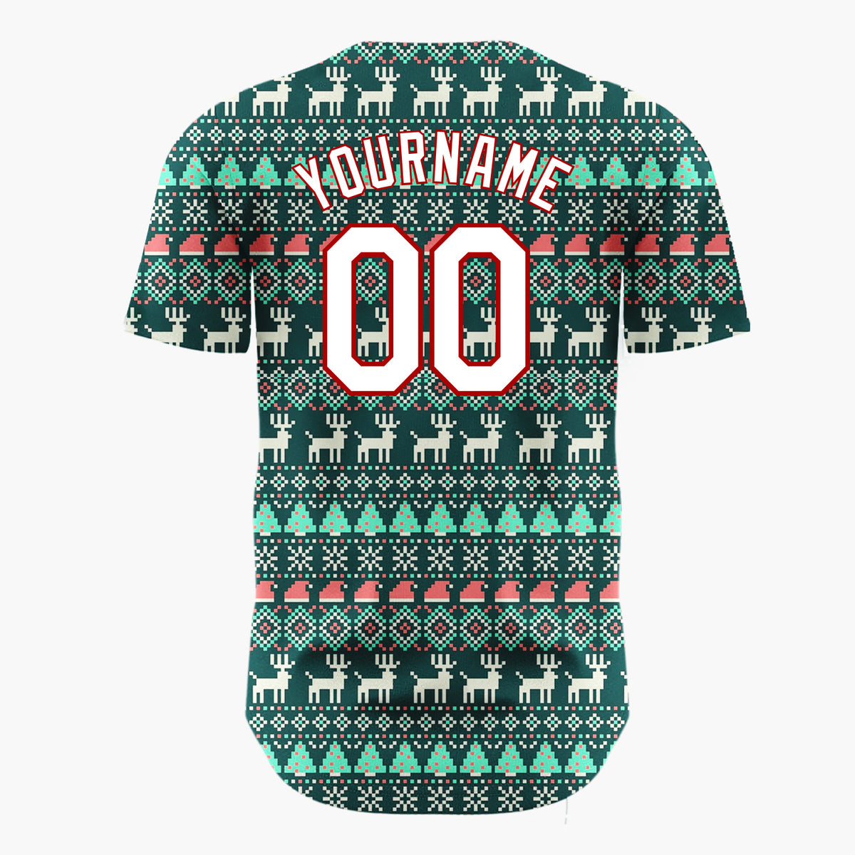 Custom Dark Green Reindeer Trees And Snowflakes Nordic Fair Isle Christmas Baseball Jersey