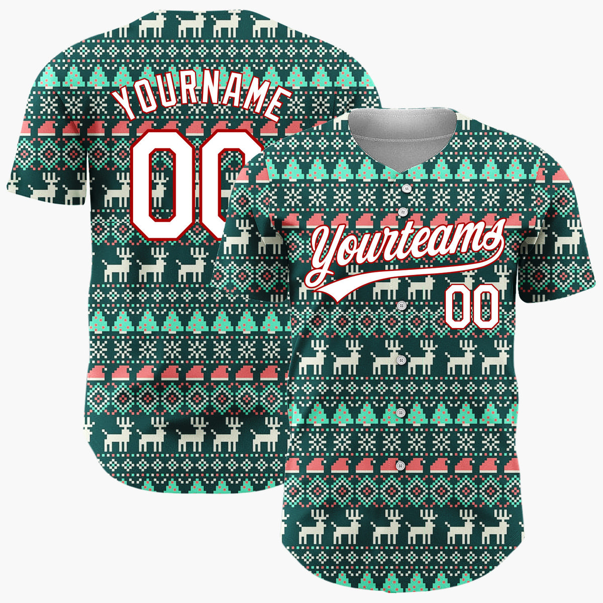 Custom Dark Green Reindeer Trees And Snowflakes Nordic Fair Isle Christmas Baseball Jersey