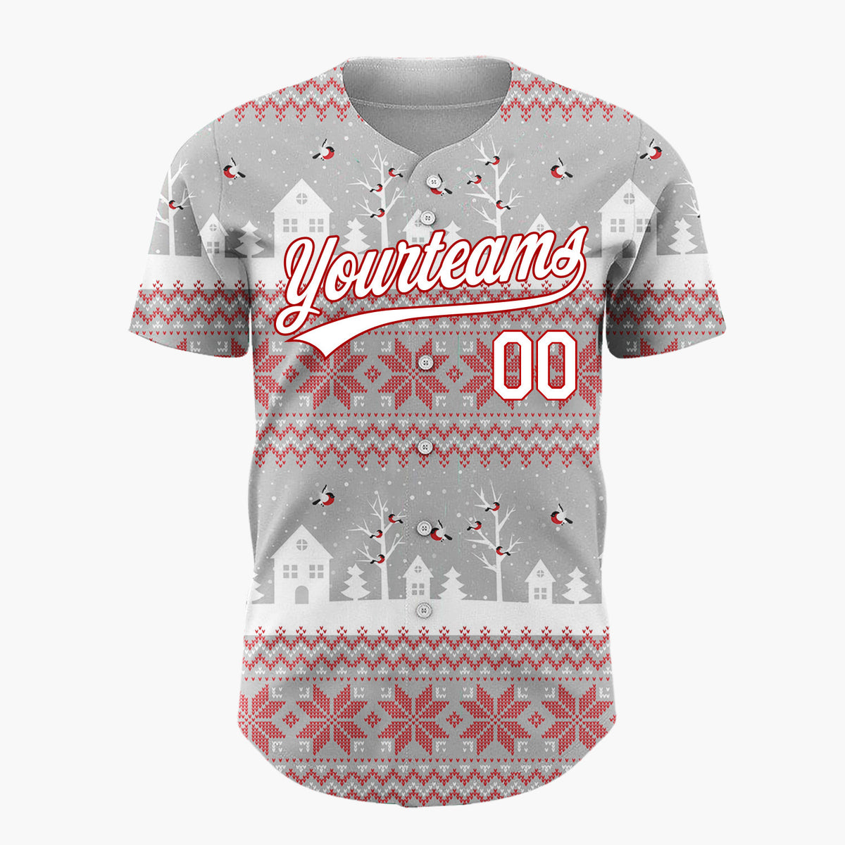 Custom Gray Red Village Nordic Fair Isle Pattern Christmas Baseball Jersey