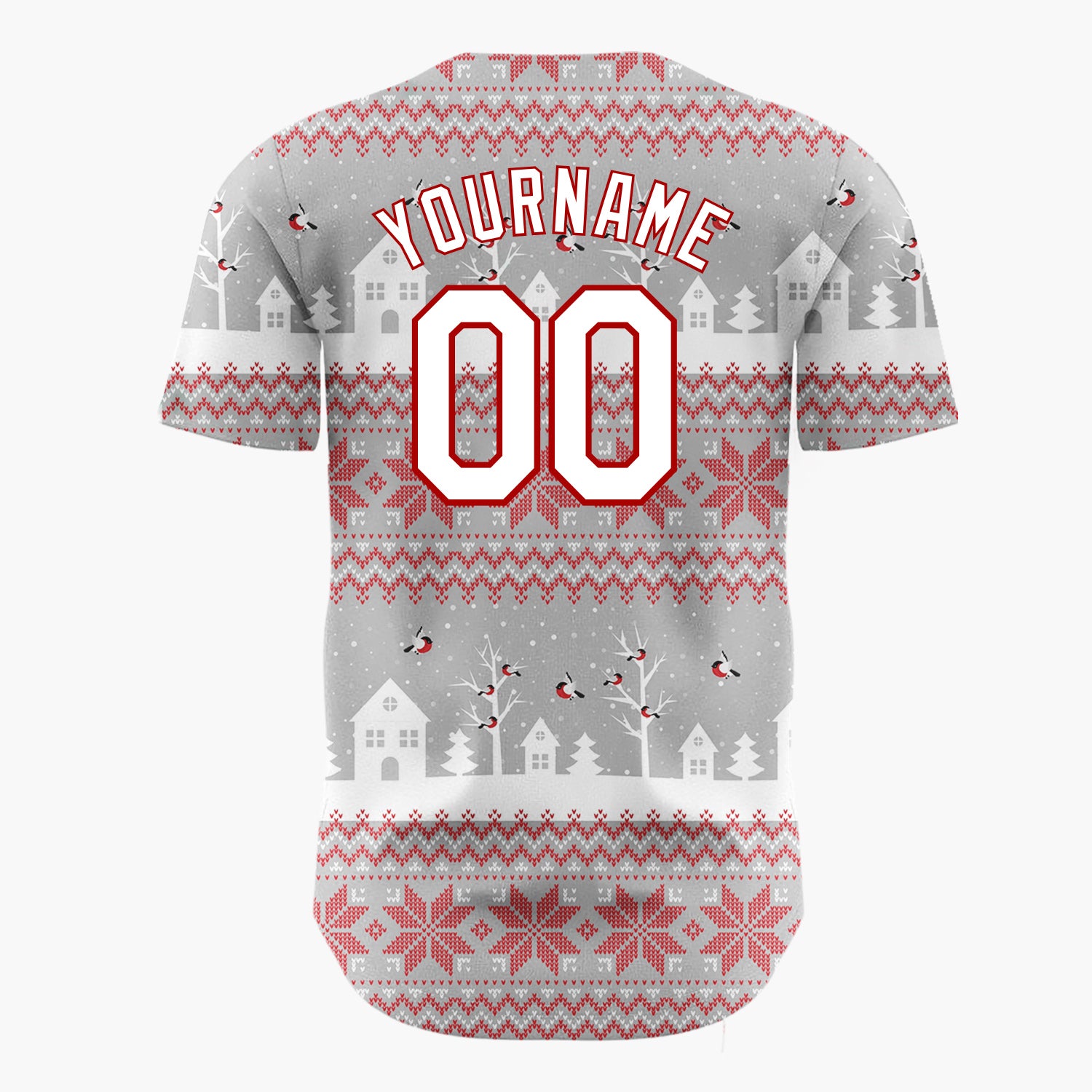 Custom Gray Red Village Nordic Fair Isle Pattern Christmas Baseball Jersey