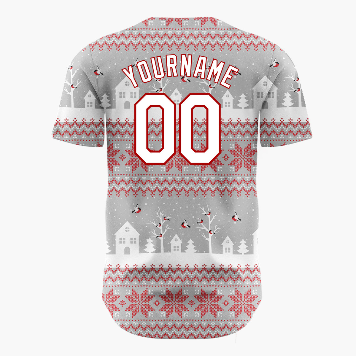 Custom Gray Red Village Nordic Fair Isle Pattern Christmas Baseball Jersey