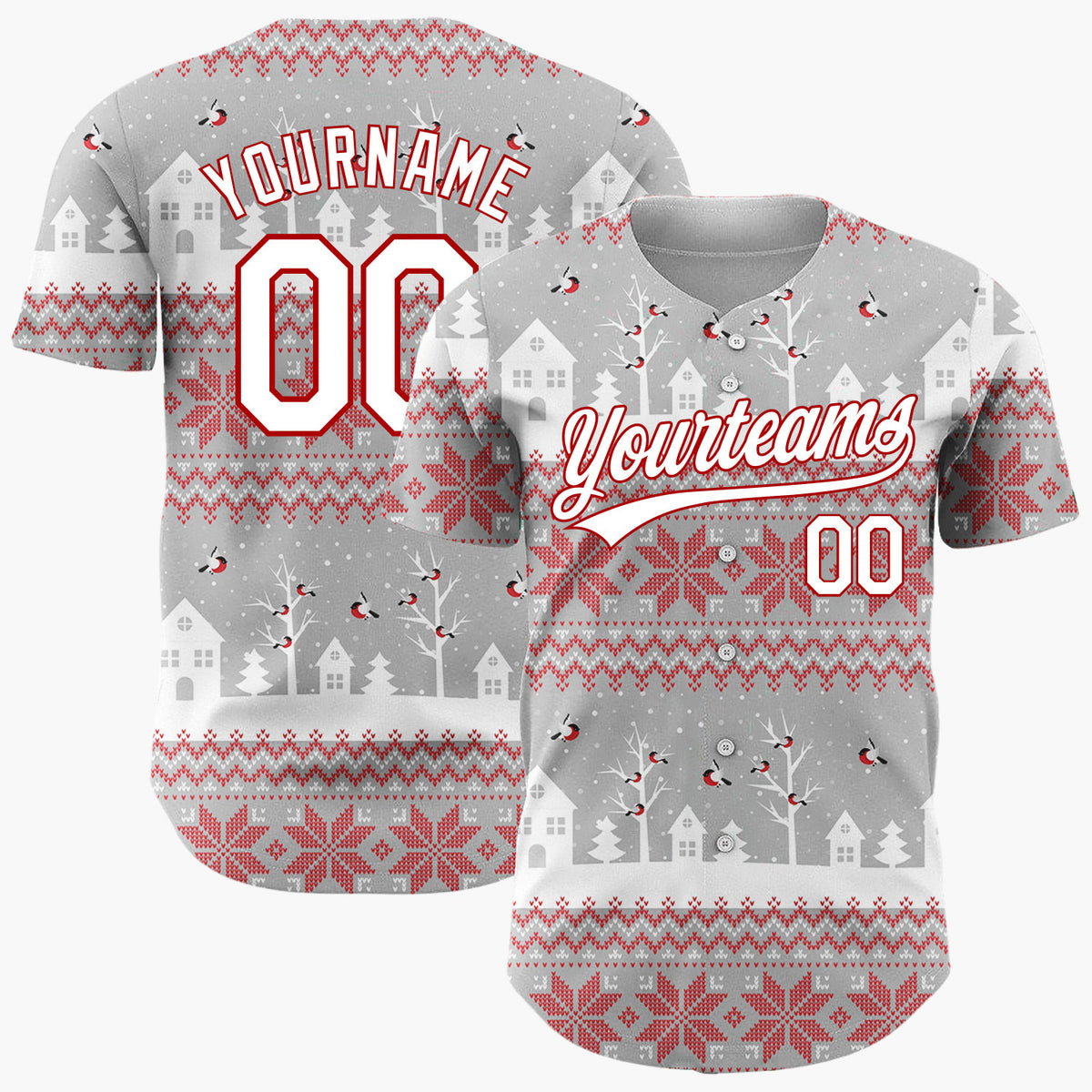 Custom Gray Red Village Nordic Fair Isle Pattern Christmas Baseball Jersey