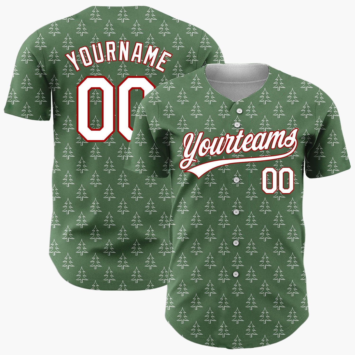 Custom Forest Green White Pine Trees Simple Doodle Pattern Christmas Baseball Jersey