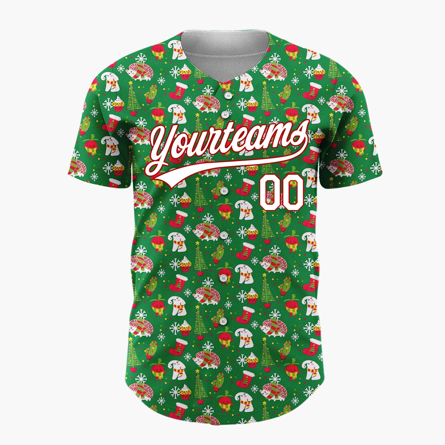 Custom Green Holly Berries Christmas Sprigs Cartoon Pattern Christmas Baseball Jersey