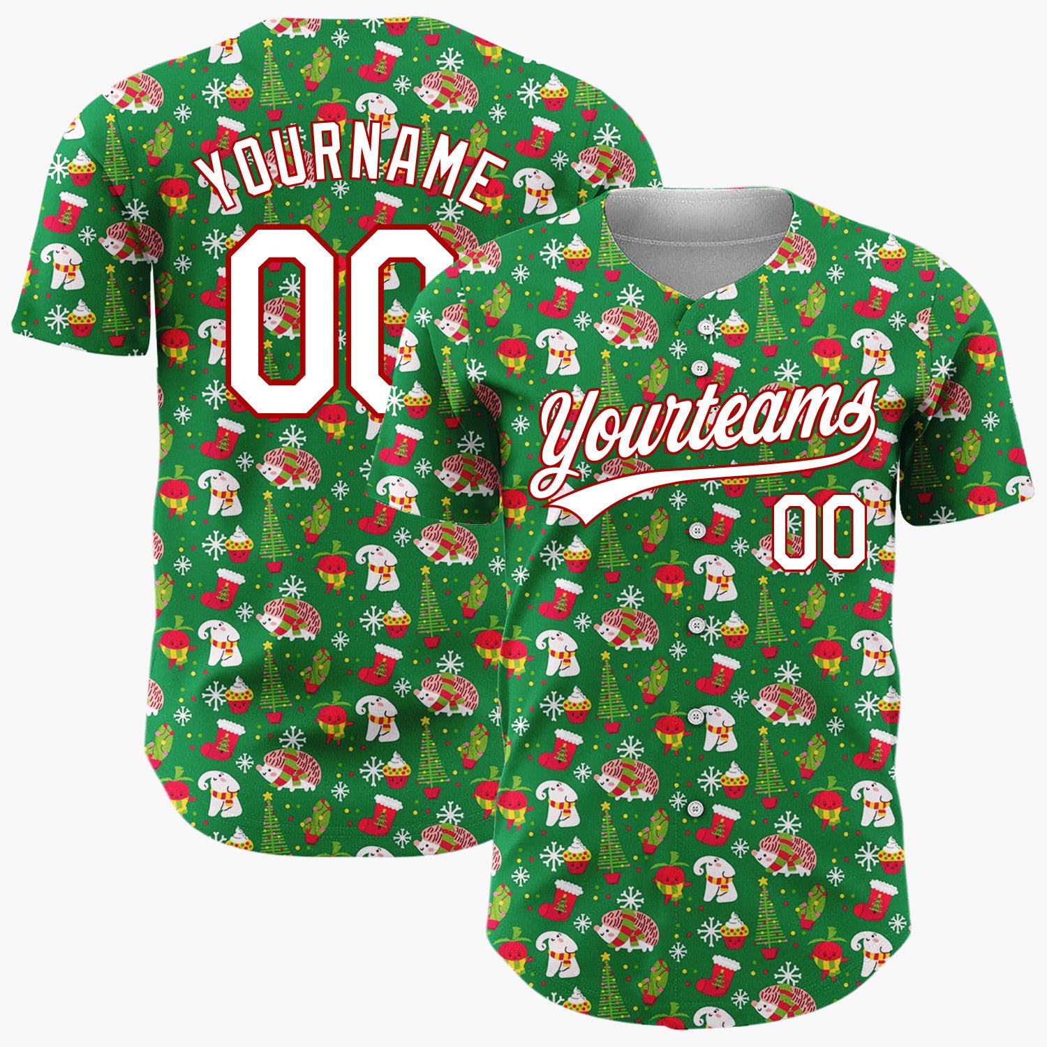 Custom Green Holly Berries Christmas Sprigs Cartoon Pattern Christmas Baseball Jersey