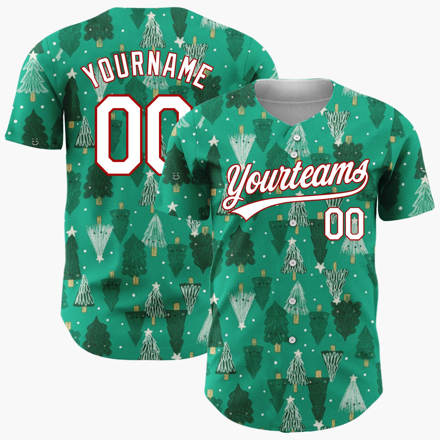 Custom Green Hand Drawn Christmas Trees Festive Forest Pattern Christmas Baseball Jersey