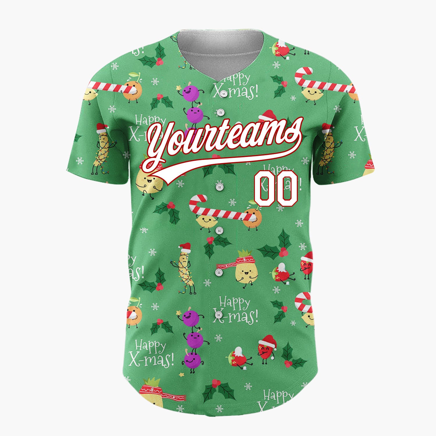 Custom Green Holiday Fruit Characters Playful Christmas Baseball Jersey