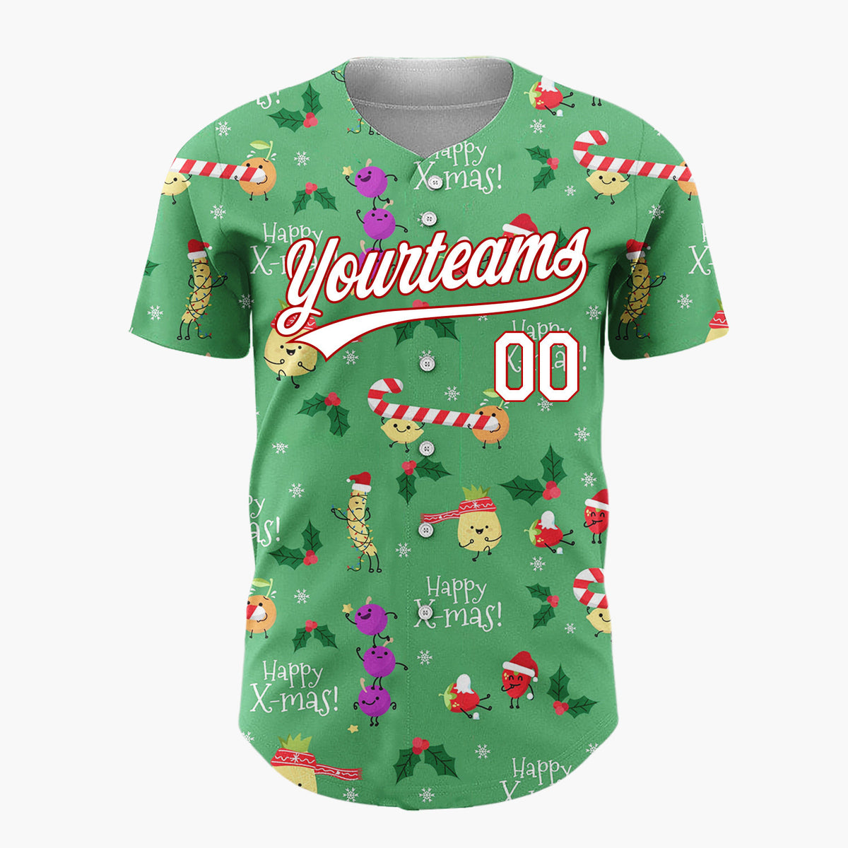 Custom Green Holiday Fruit Characters Playful Christmas Baseball Jersey