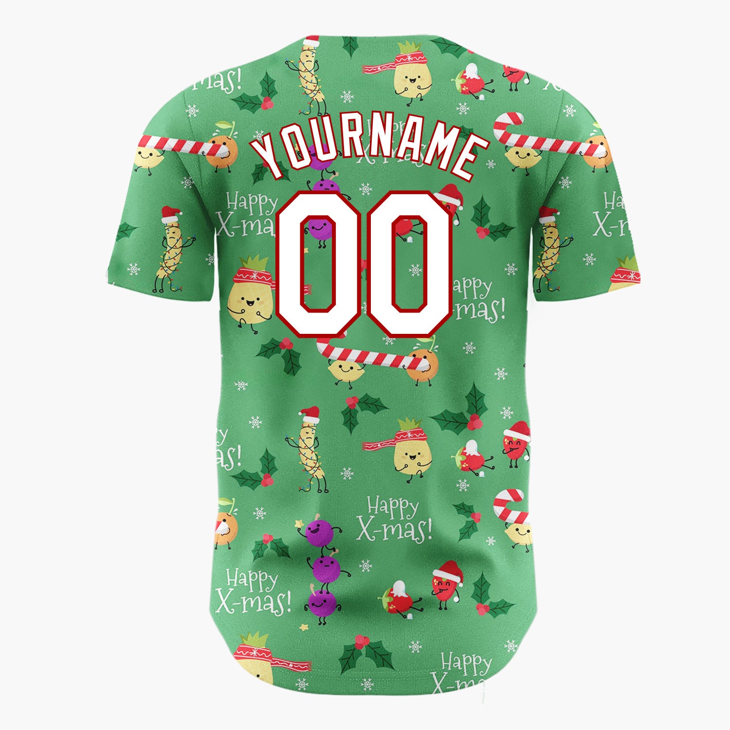 Custom Green Holiday Fruit Characters Playful Christmas Baseball Jersey