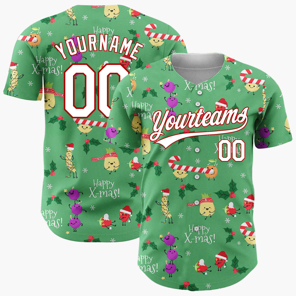 Custom Green Holiday Fruit Characters Playful Christmas Baseball Jersey
