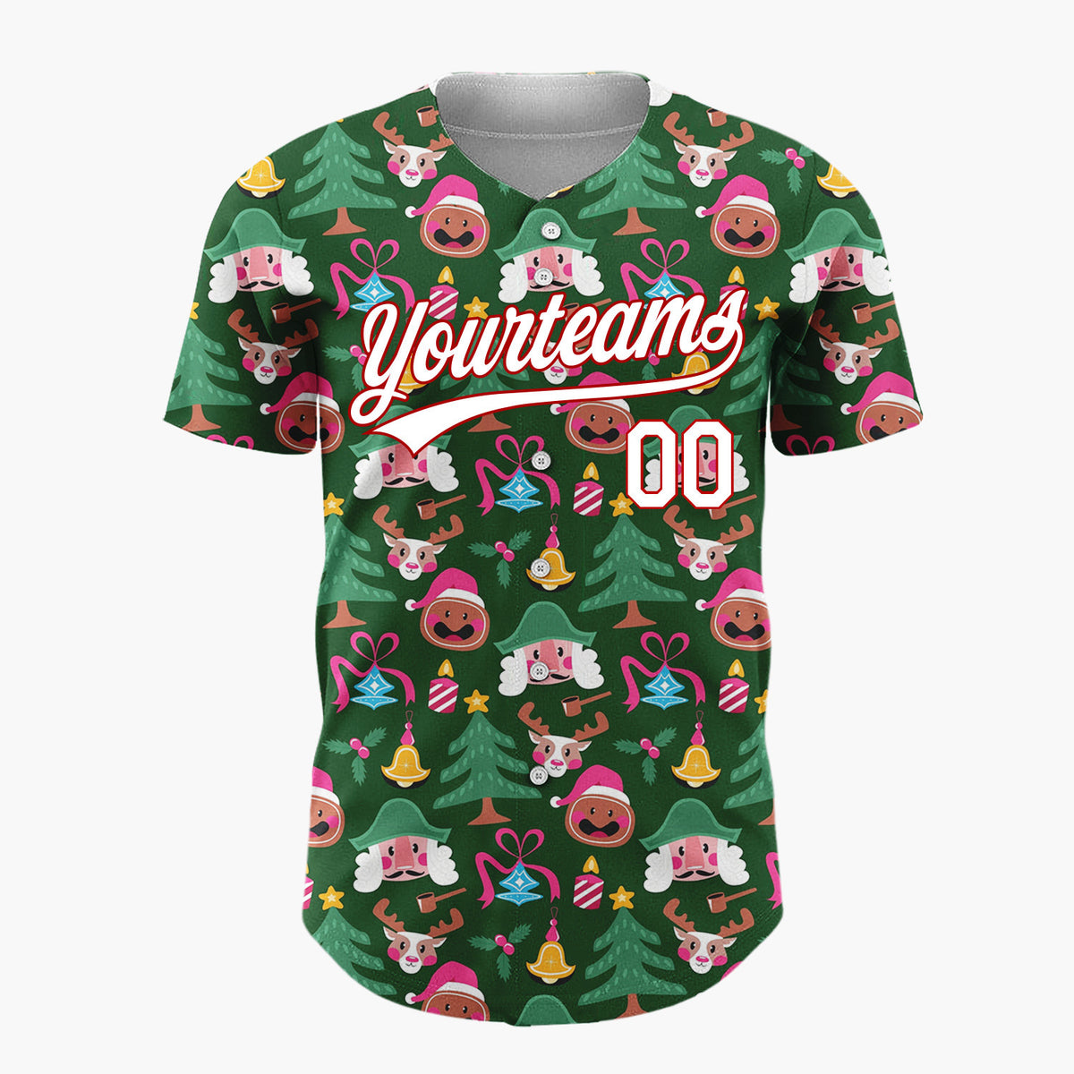 Custom Green Red Nutcrackers Reindeer And Bells Classic Holiday Pattern Christmas Baseball Jersey