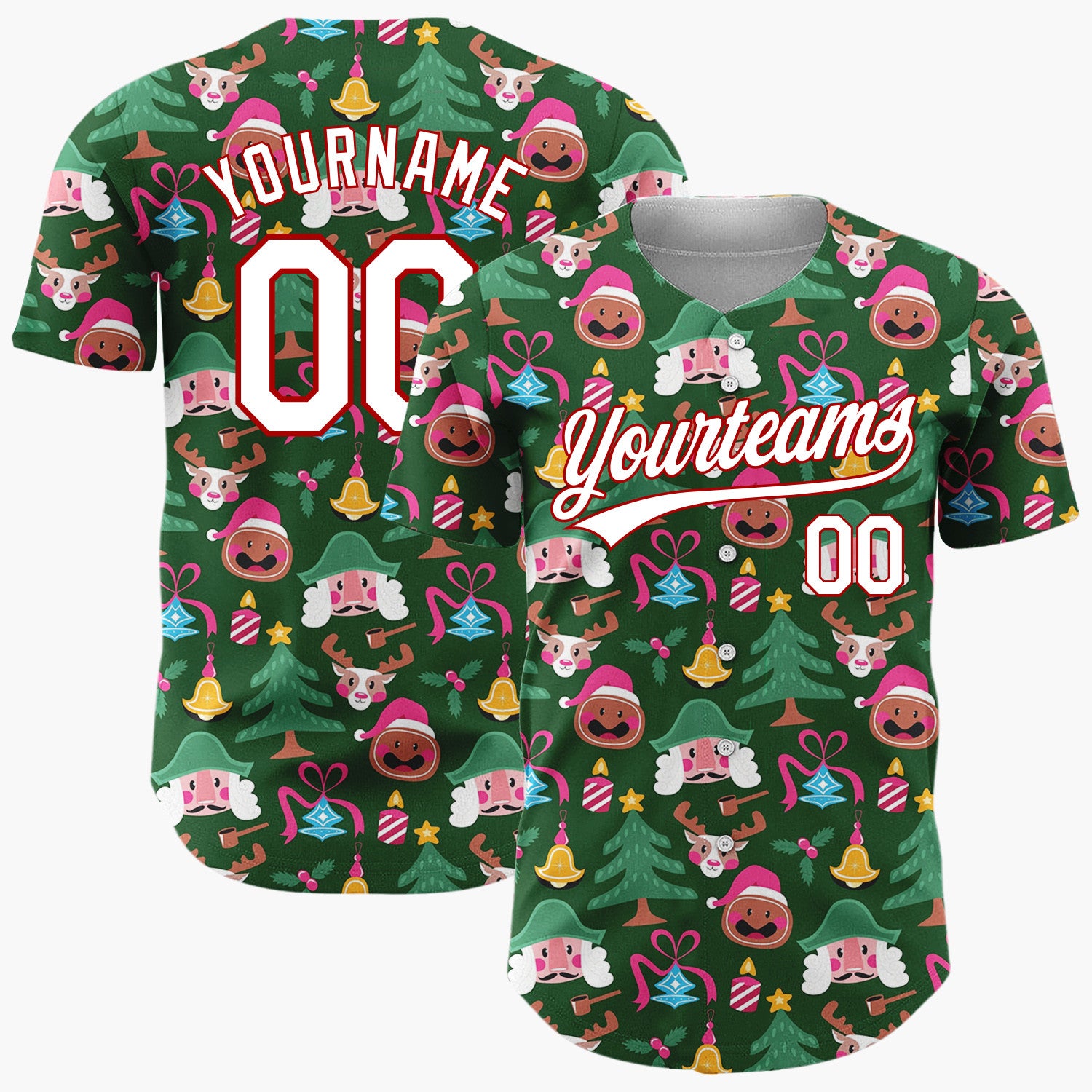 Custom Green Red Nutcrackers Reindeer And Bells Classic Holiday Pattern Christmas Baseball Jersey