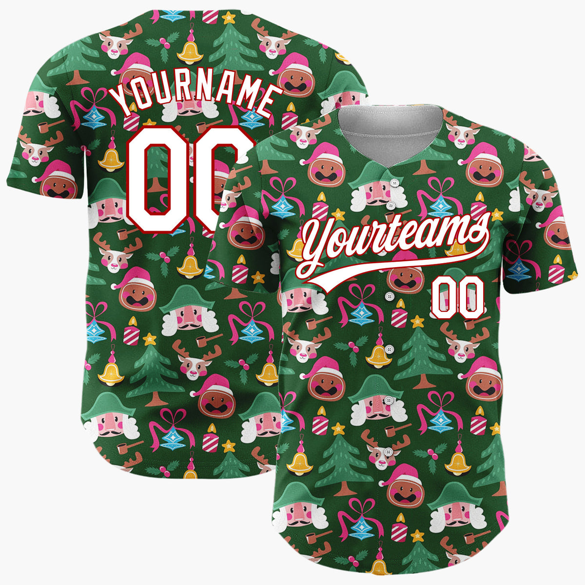 Custom Green Red Nutcrackers Reindeer And Bells Classic Holiday Pattern Christmas Baseball Jersey
