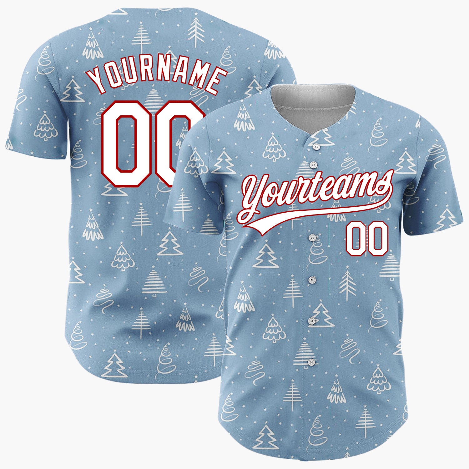 Custom Light Blue Christmas Trees Doodles Cartoon Pattern Christmas Baseball Jersey