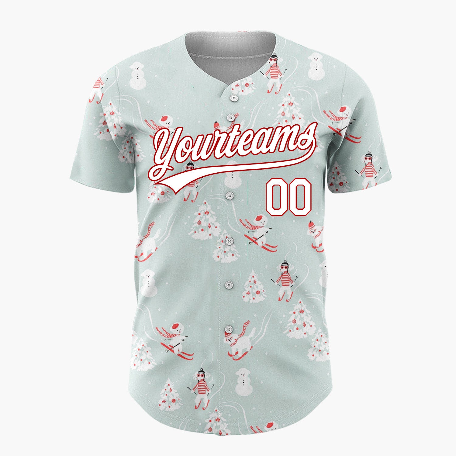 Custom Light Blue Skiing Polar Bears And People Cute Winter Scene Pattern Christmas Baseball Jersey