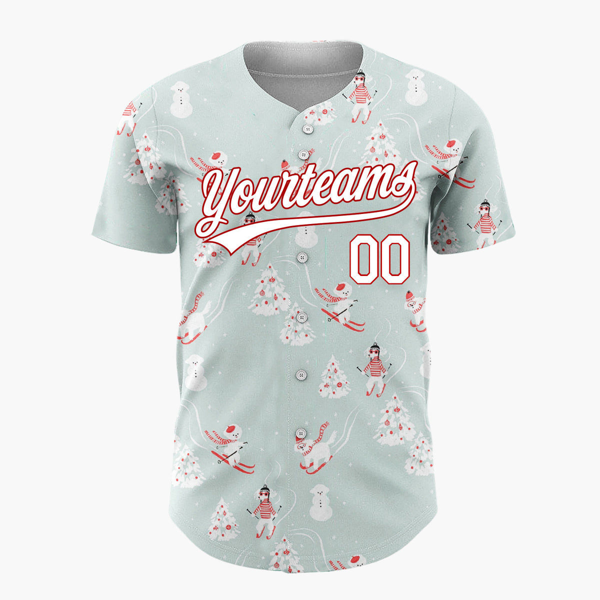 Custom Light Blue Skiing Polar Bears And People Cute Winter Scene Pattern Christmas Baseball Jersey