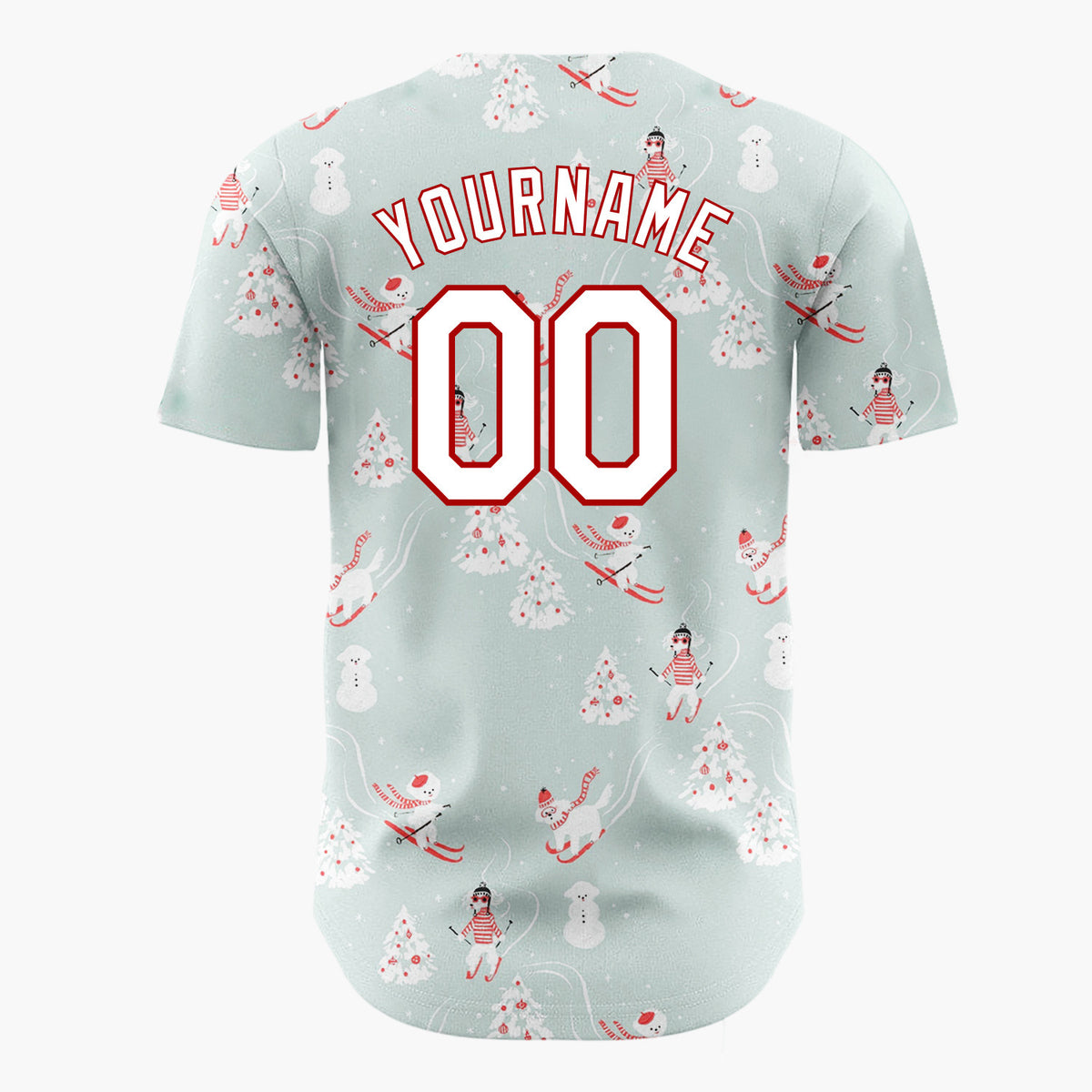 Custom Light Blue Skiing Polar Bears And People Cute Winter Scene Pattern Christmas Baseball Jersey