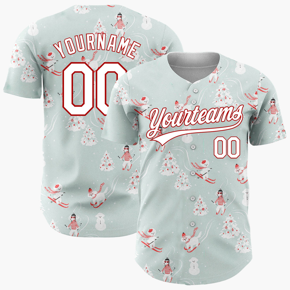 Custom Light Blue Skiing Polar Bears And People Cute Winter Scene Pattern Christmas Baseball Jersey