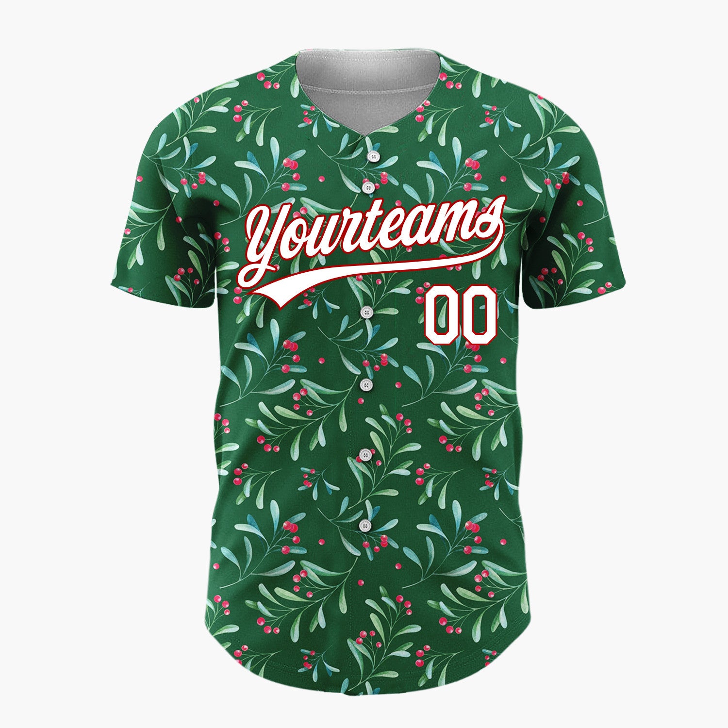 Custom Forest Green Berries And Leaves Watercolor Festive Pattern Christmas Baseball Jersey