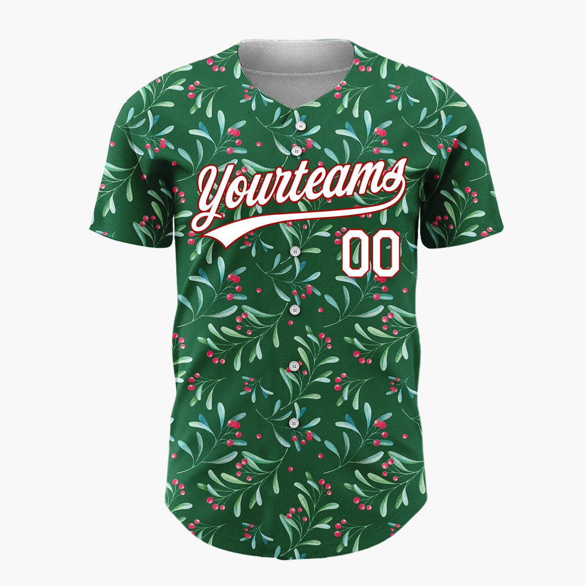 Custom Forest Green Berries And Leaves Watercolor Festive Pattern Christmas Baseball Jersey