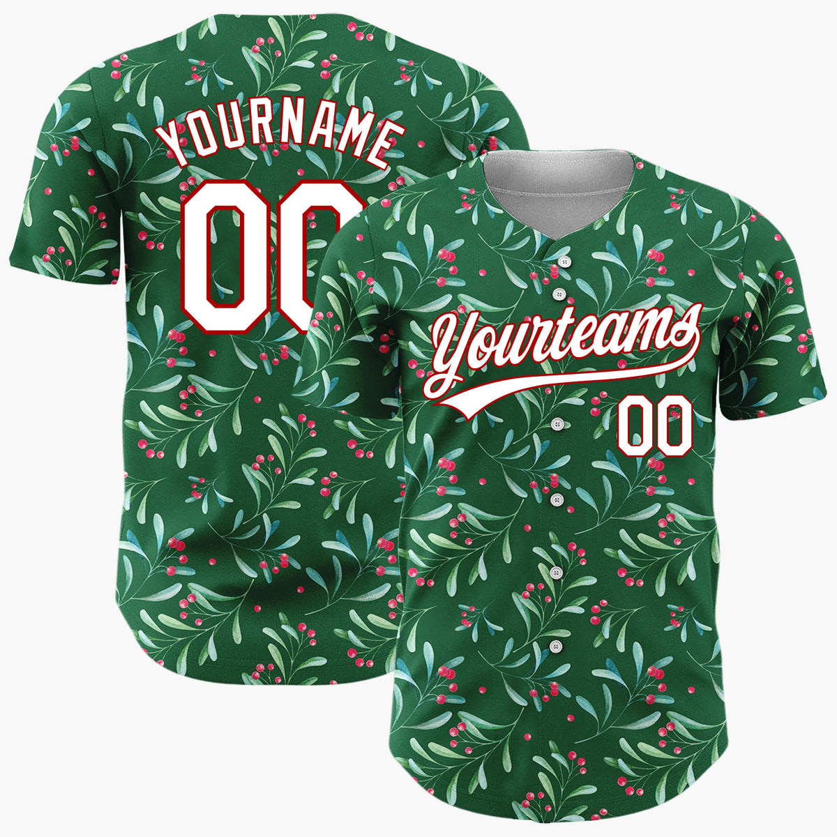 Custom Forest Green Berries And Leaves Watercolor Festive Pattern Christmas Baseball Jersey