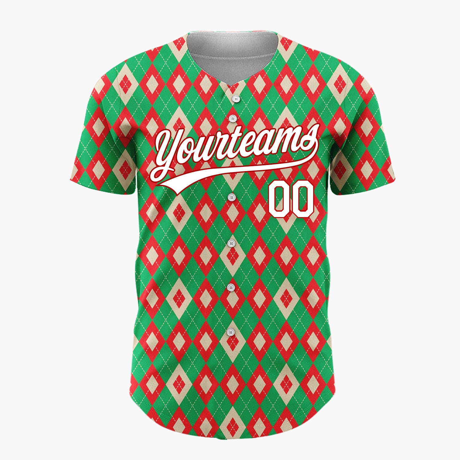 Custom Green Red Cream Diamond Argyle Christmas Baseball Jersey