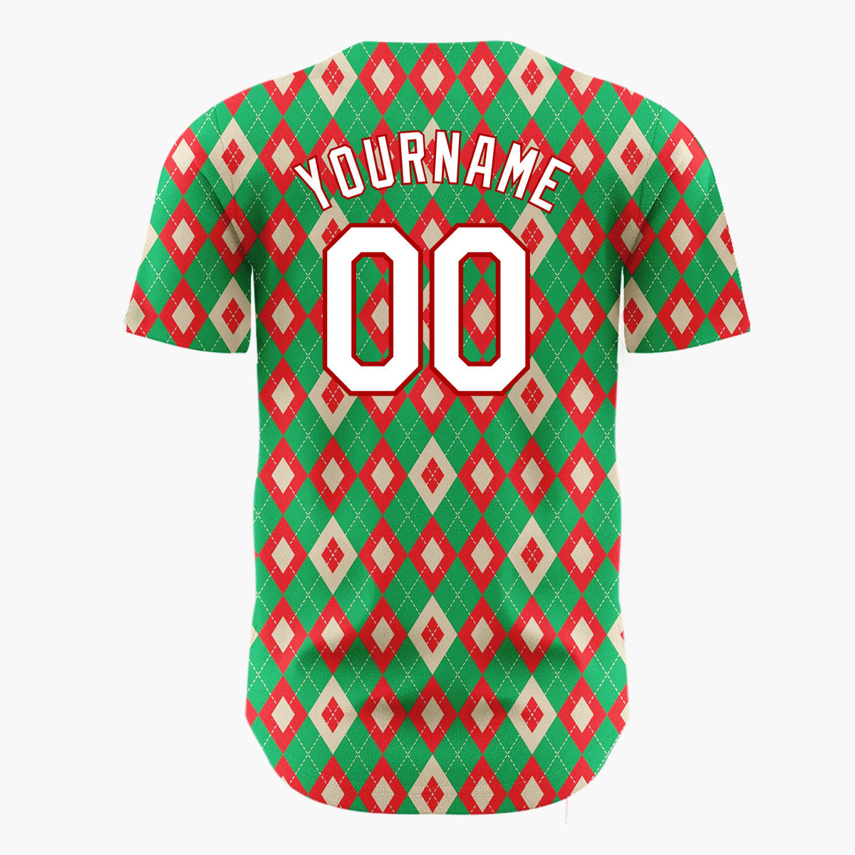 Custom Green Red Cream Diamond Argyle Christmas Baseball Jersey