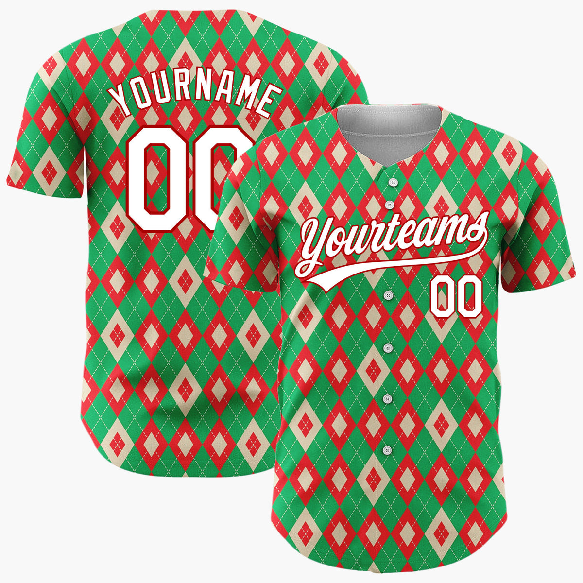 Custom Green Red Cream Diamond Argyle Christmas Baseball Jersey