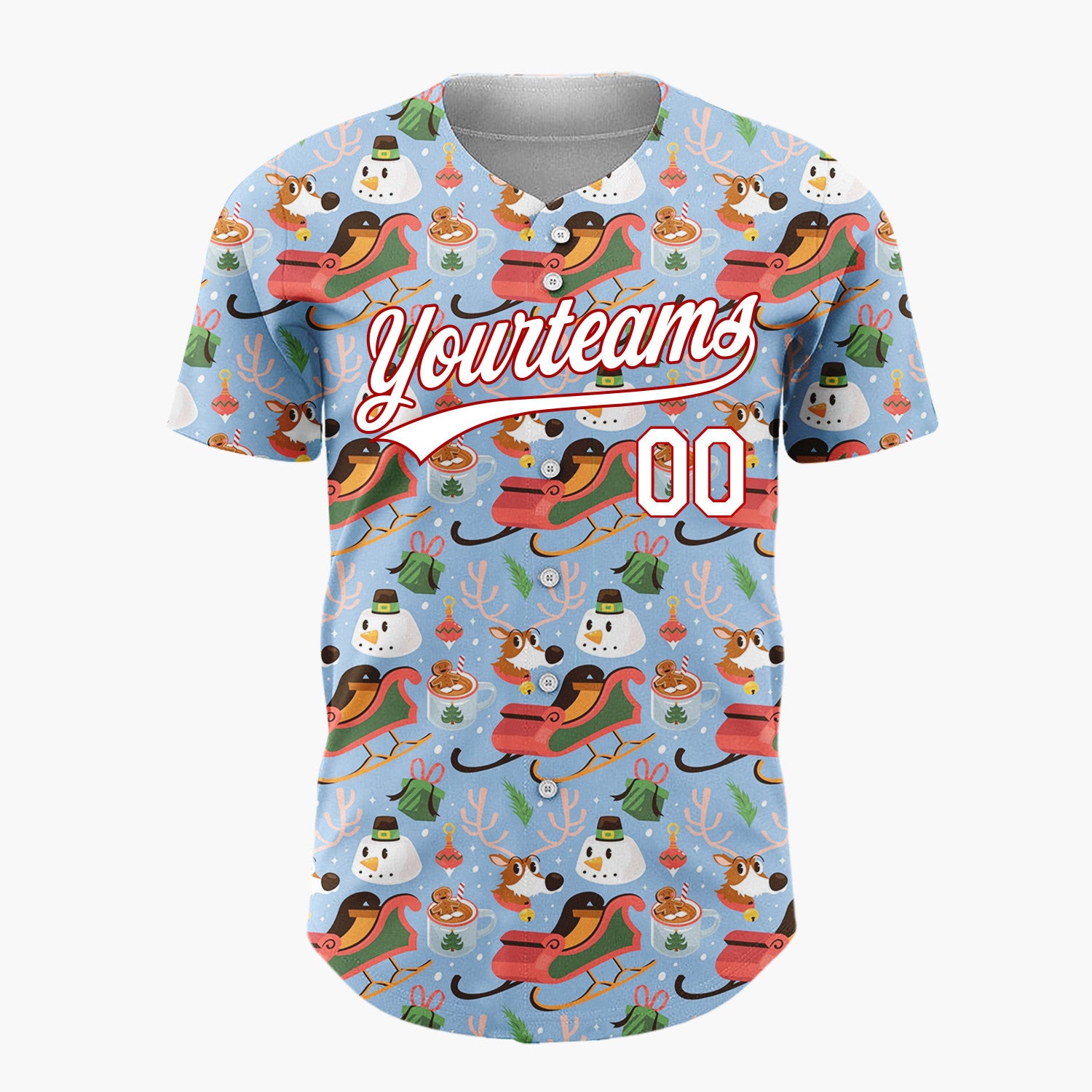 Custom Light Blue Red Sleighs Snowmen And Reindeer Playful Winter Pattern Christmas Baseball Jersey