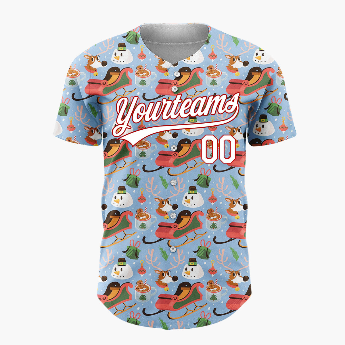 Custom Light Blue Red Sleighs Snowmen And Reindeer Playful Winter Pattern Christmas Baseball Jersey