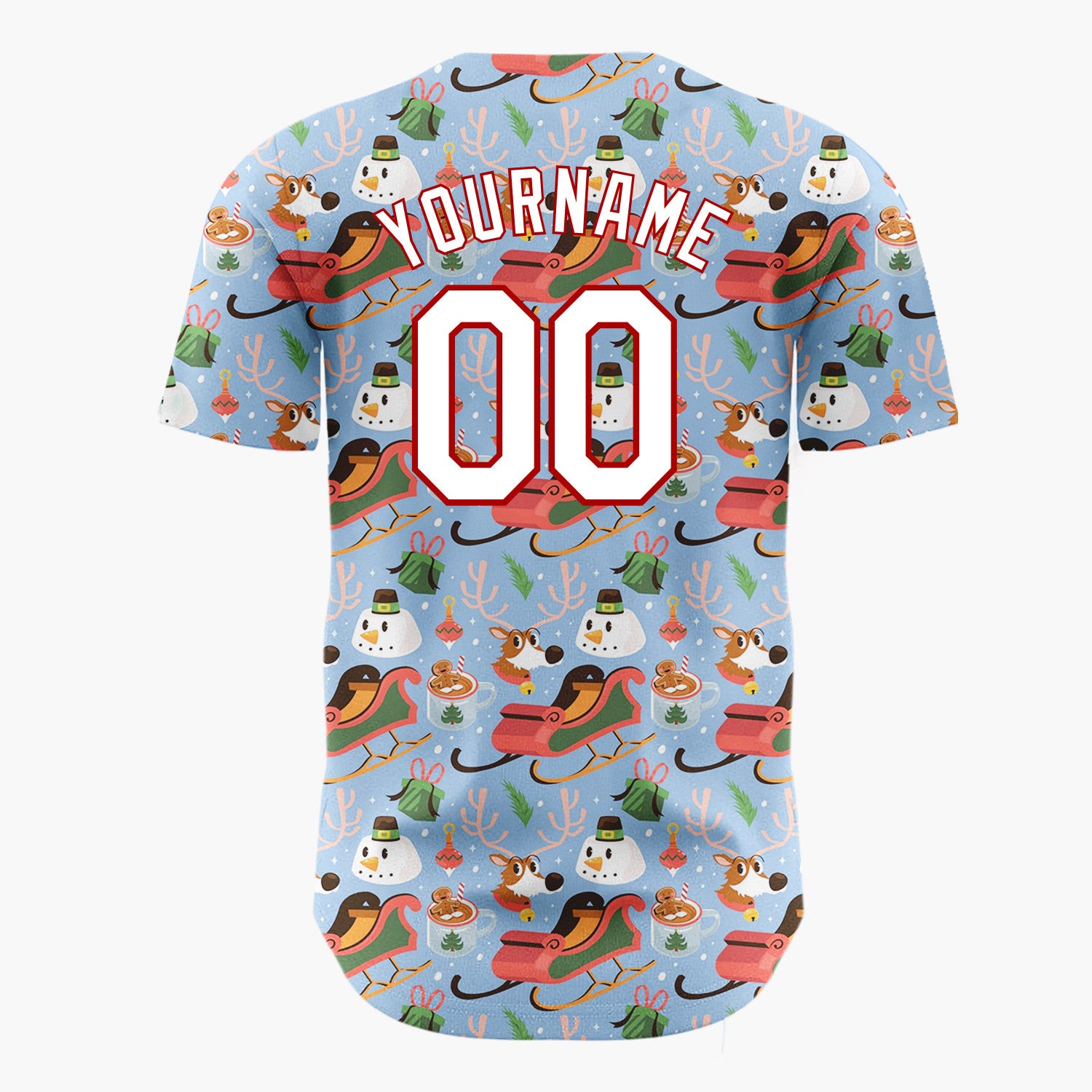 Custom Light Blue Red Sleighs Snowmen And Reindeer Playful Winter Pattern Christmas Baseball Jersey