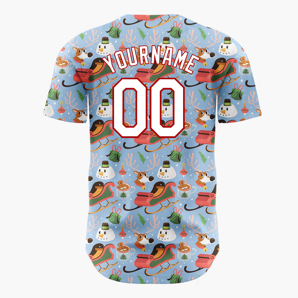 Custom Light Blue Red Sleighs Snowmen And Reindeer Playful Winter Pattern Christmas Baseball Jersey