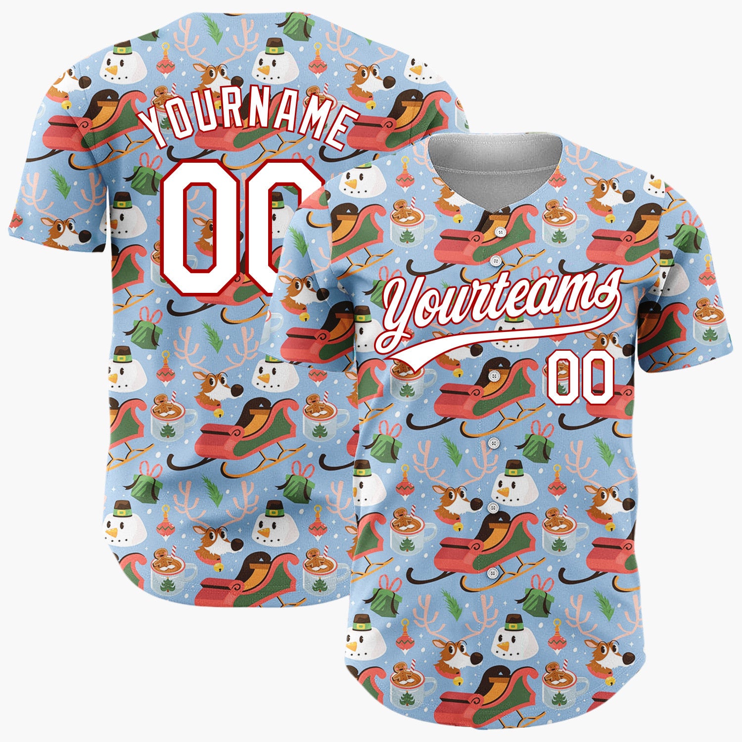 Custom Light Blue Red Sleighs Snowmen And Reindeer Playful Winter Pattern Christmas Baseball Jersey