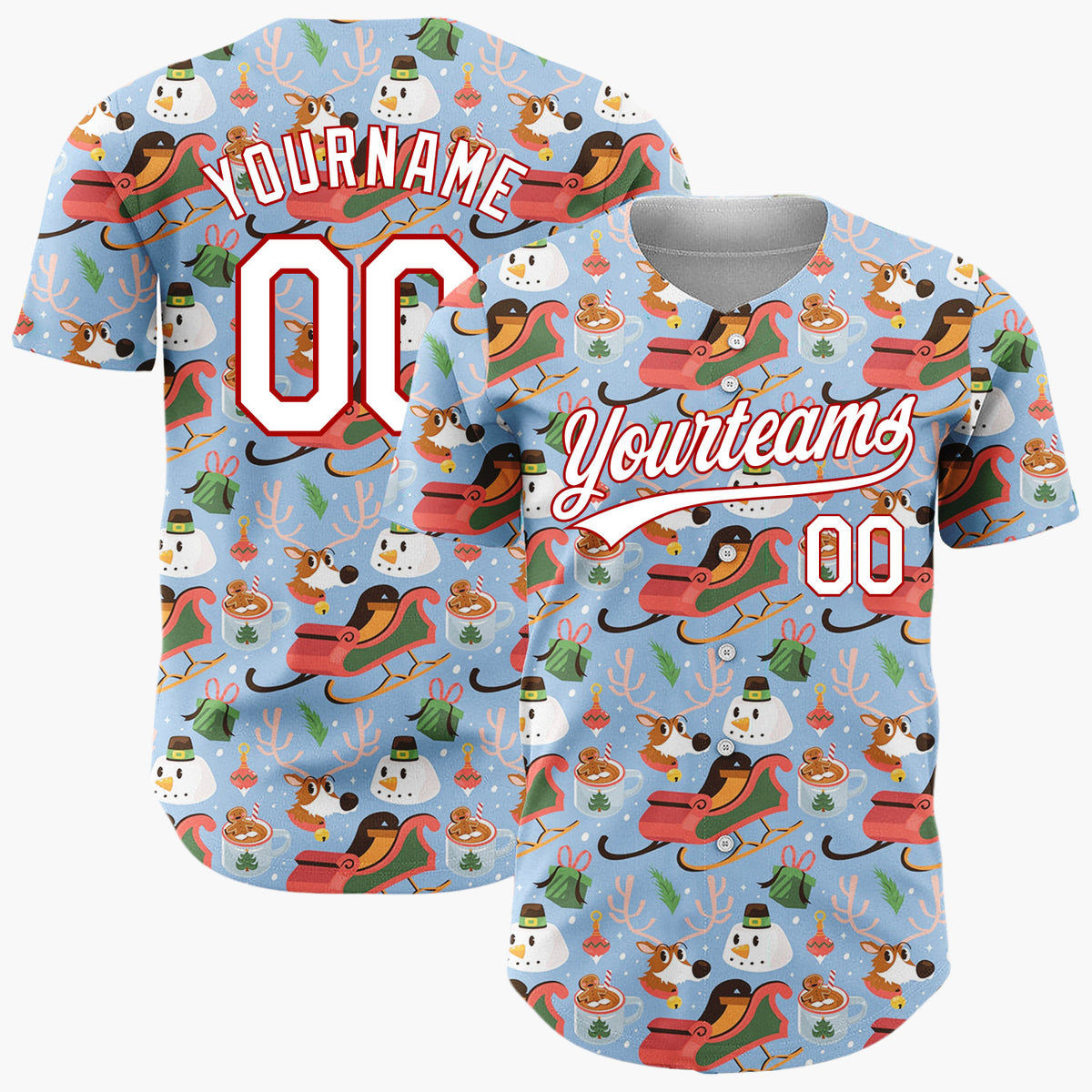 Custom Light Blue Red Sleighs Snowmen And Reindeer Playful Winter Pattern Christmas Baseball Jersey