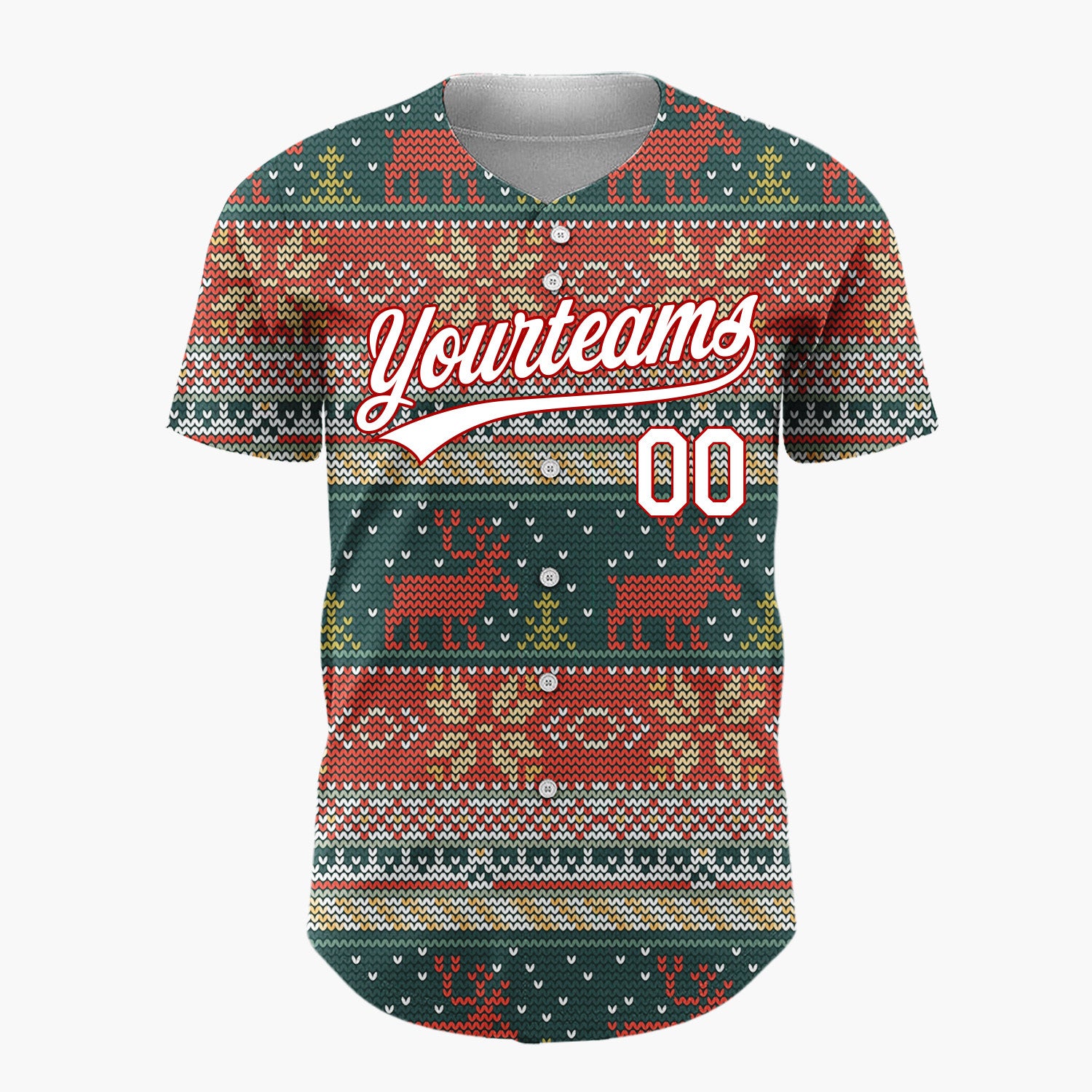 Custom Dark Green Red Reindeers Trees And Snowflakes Cozy Knit Pattern Christmas Baseball Jersey