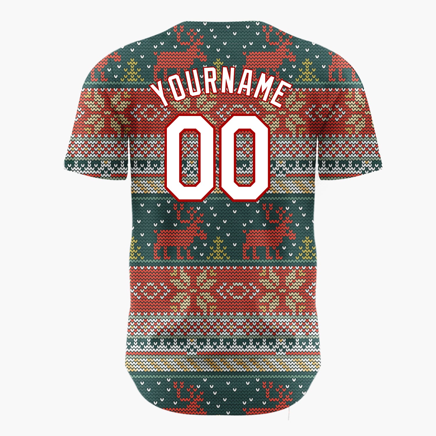 Custom Dark Green Red Reindeers Trees And Snowflakes Cozy Knit Pattern Christmas Baseball Jersey