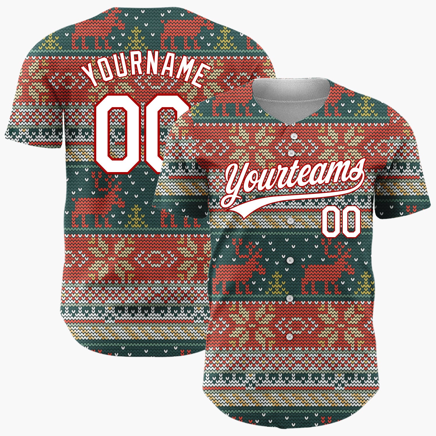 Custom Dark Green Red Reindeers Trees And Snowflakes Cozy Knit Pattern Christmas Baseball Jersey