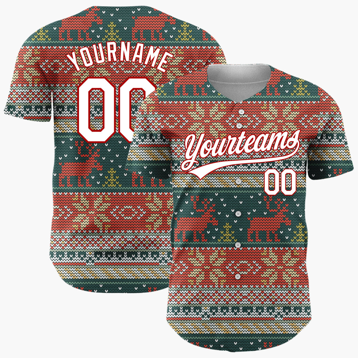 Custom Dark Green Red Reindeers Trees And Snowflakes Cozy Knit Pattern Christmas Baseball Jersey