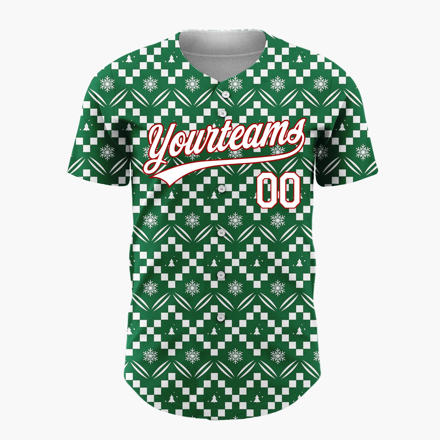 Custom Green White Zigzag Fair Isle Snowflake Pattern Christmas Baseball Jersey
