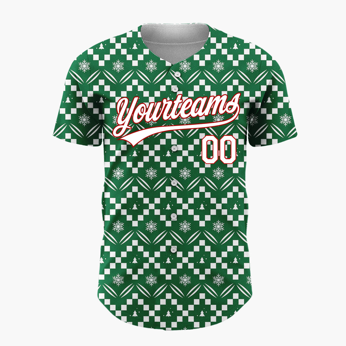 Custom Green White Zigzag Fair Isle Snowflake Pattern Christmas Baseball Jersey