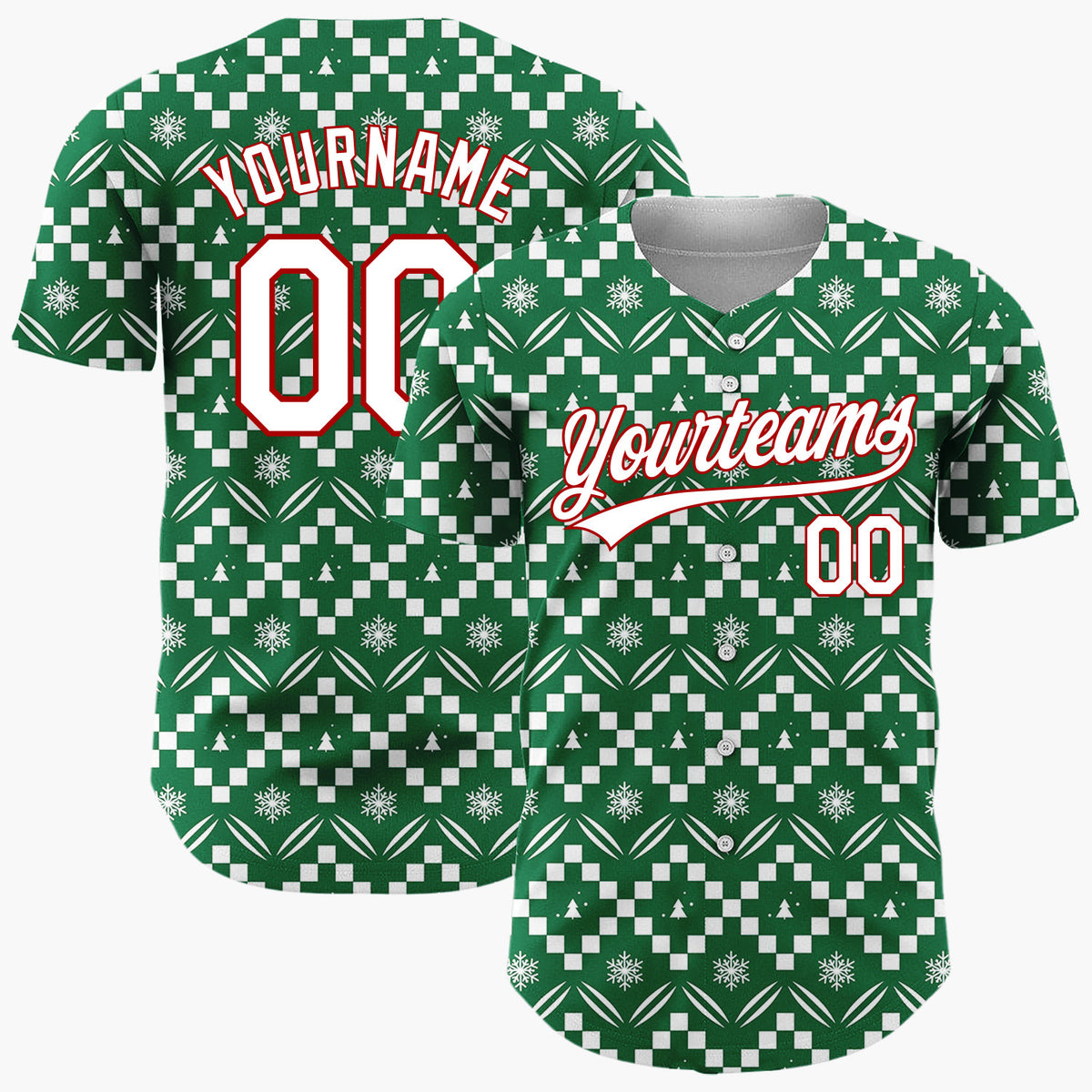 Custom Green White Zigzag Fair Isle Snowflake Pattern Christmas Baseball Jersey