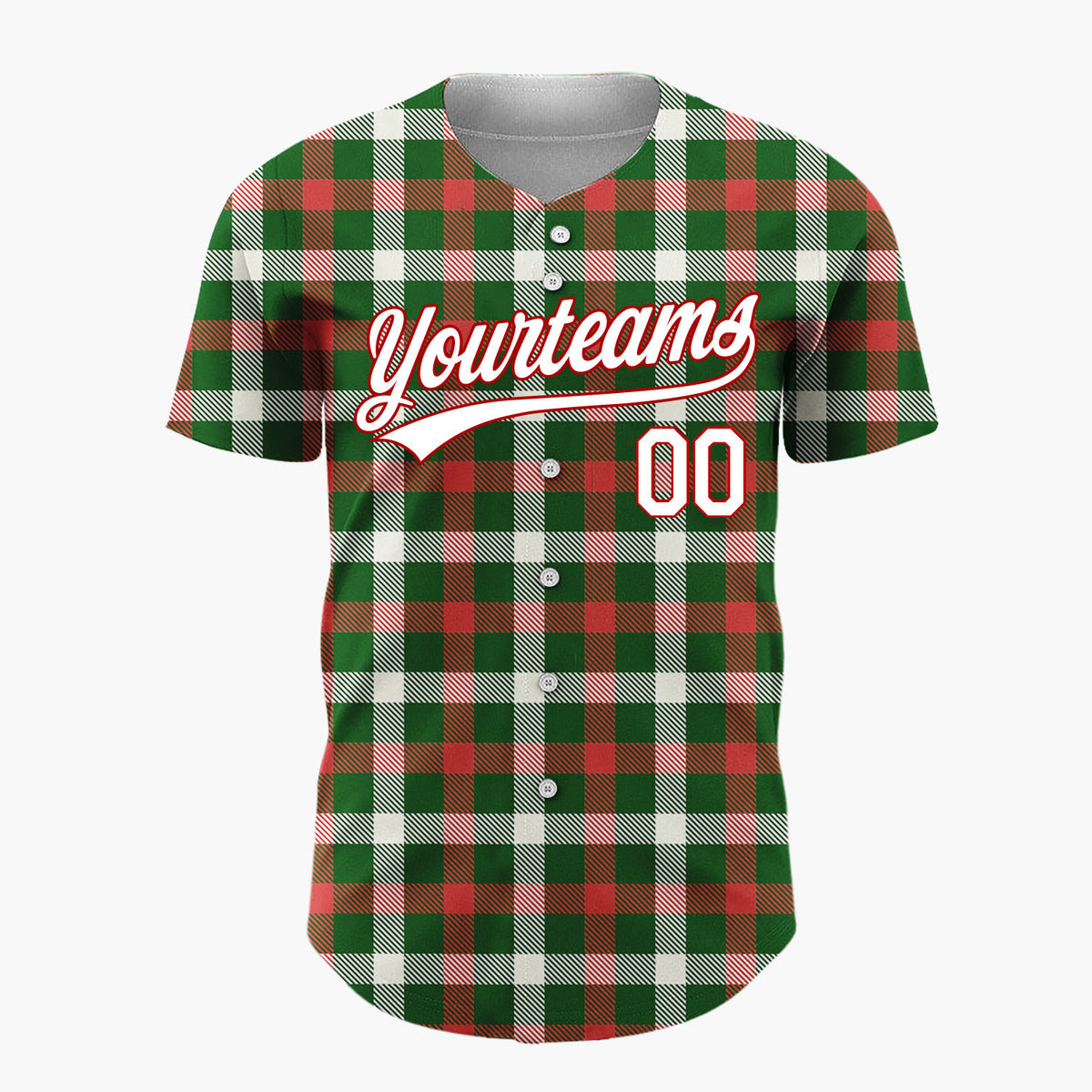 Custom Green Red And Cream Traditional Tartan Plaid Pattern Christmas Baseball Jersey