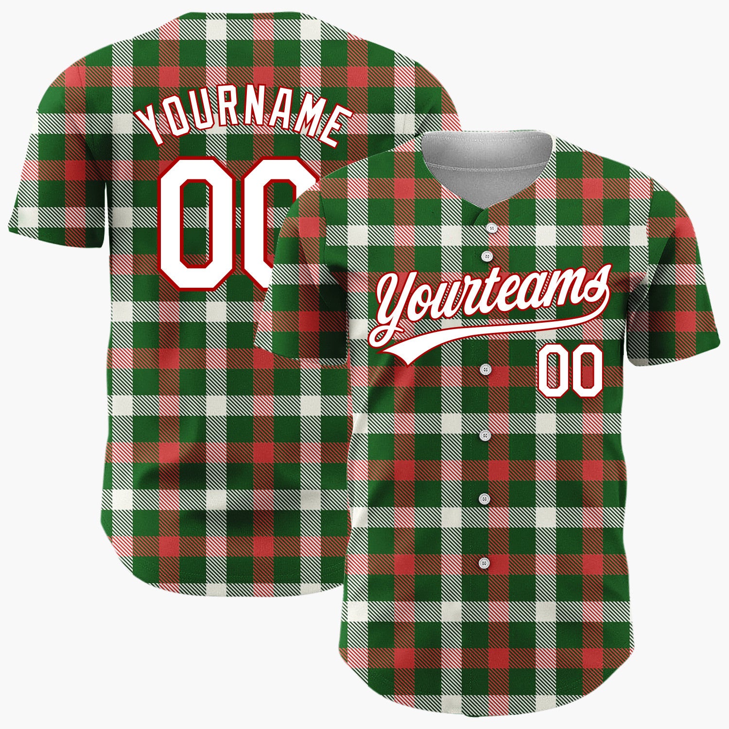 Custom Green Red And Cream Traditional Tartan Plaid Pattern Christmas Baseball Jersey