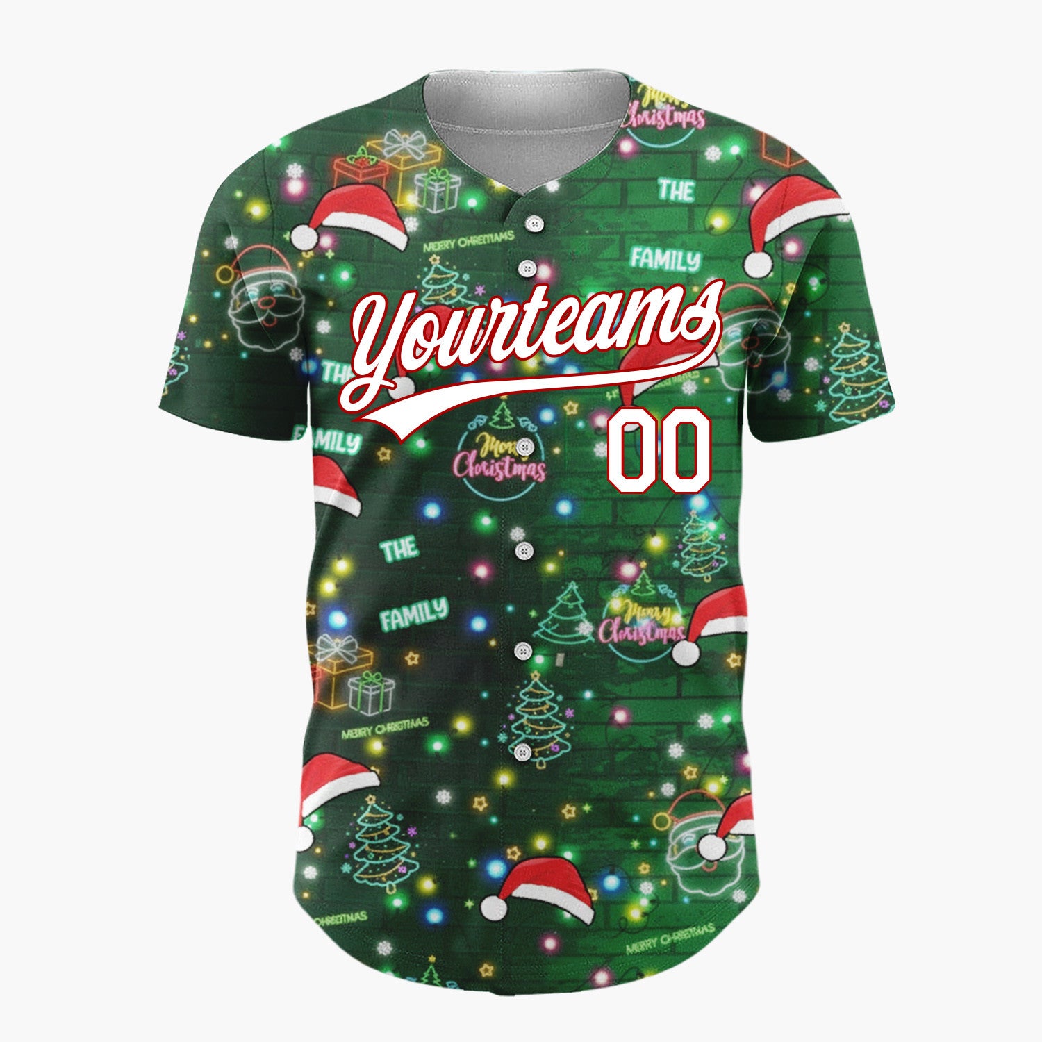 Custom Dark Green Red Neon Santa Hats Trees And Gifts Light-Up Christmas Baseball Jersey