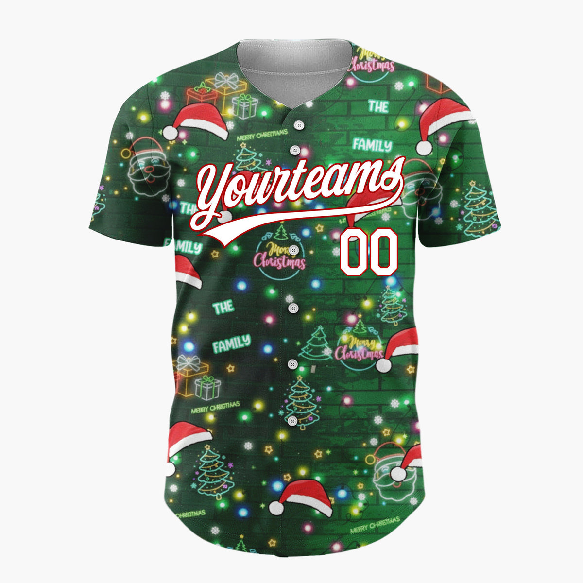 Custom Dark Green Red Neon Santa Hats Trees And Gifts Light-Up Christmas Baseball Jersey