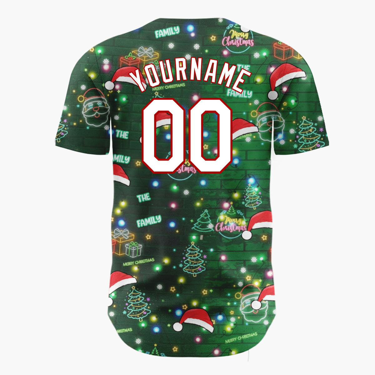 Custom Dark Green Red Neon Santa Hats Trees And Gifts Light-Up Christmas Baseball Jersey