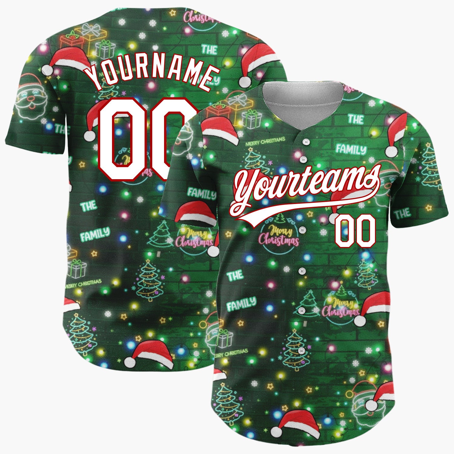 Custom Dark Green Red Neon Santa Hats Trees And Gifts Light-Up Christmas Baseball Jersey