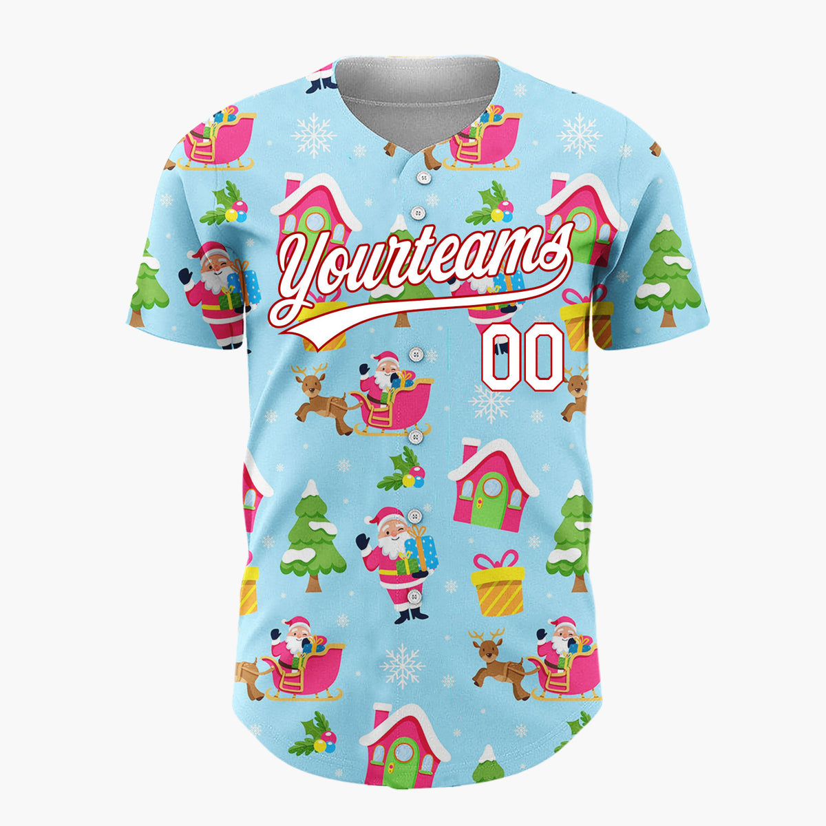 Custom Light Blue Santas Sleighs And Trees Joyful Christmas Baseball Jersey