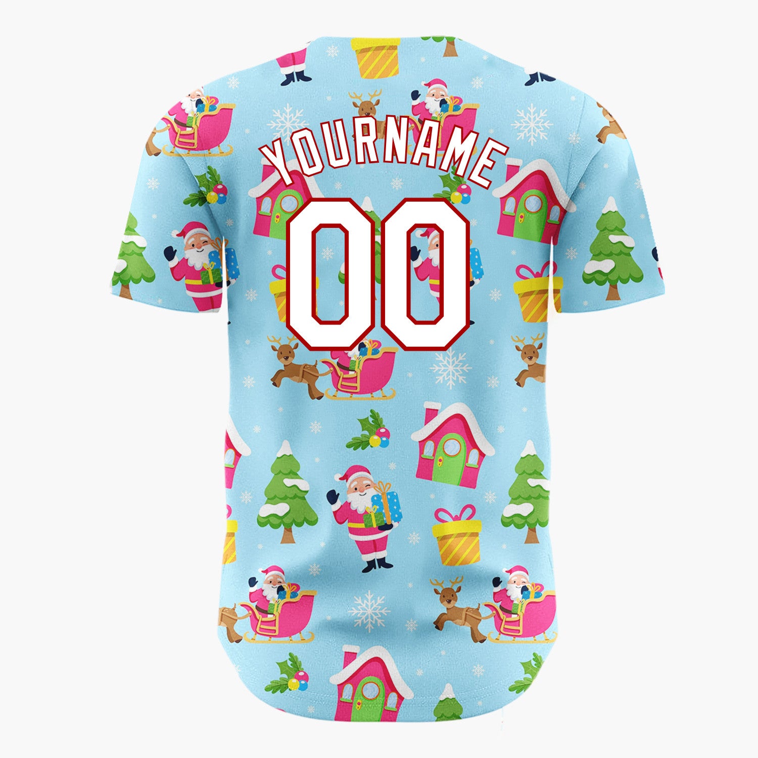 Custom Light Blue Santas Sleighs And Trees Joyful Christmas Baseball Jersey