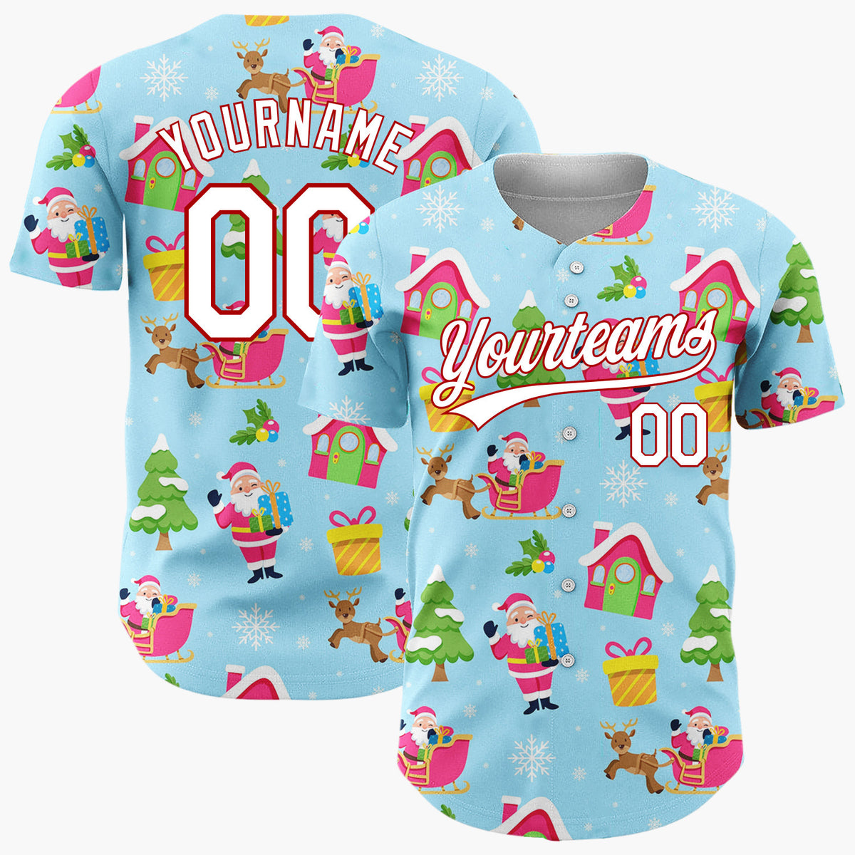 Custom Light Blue Santas Sleighs And Trees Joyful Christmas Baseball Jersey